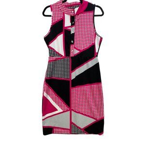 Emery Rose Womens Sheath Dress Size L Pink Black Houndstooth Abstract Sleeveless